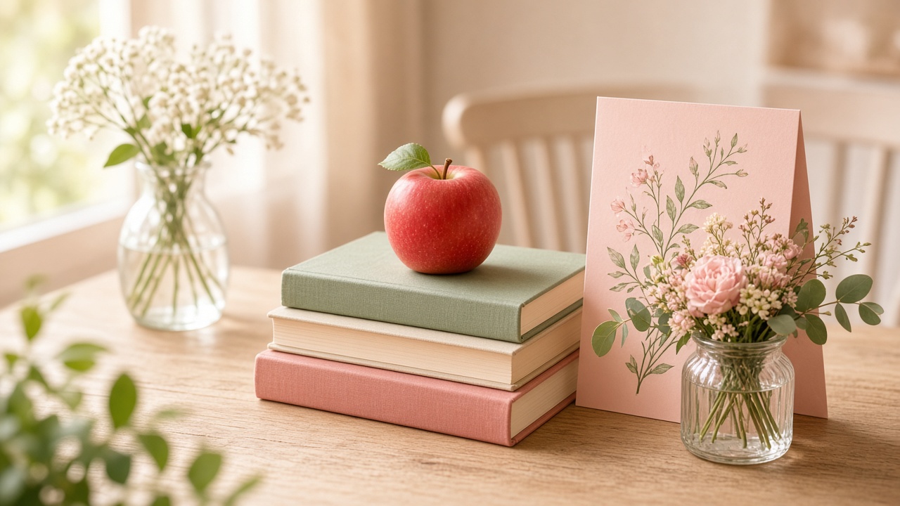 Подарок учителю: книги, яблоко и благодарность